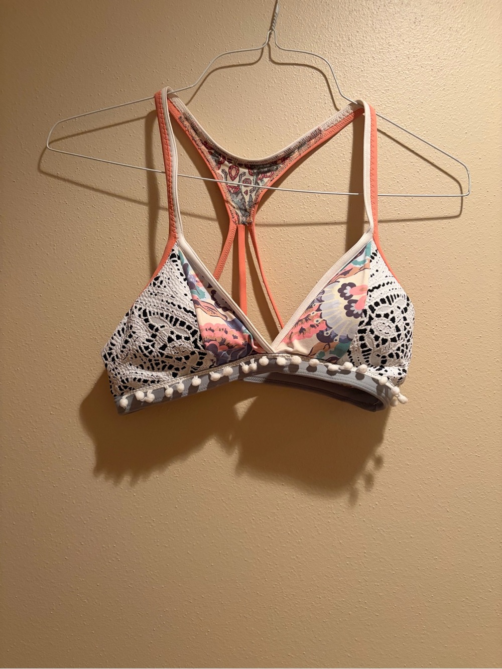 Maaji Reversible Crochet-Trim Floral Bikini Top - Coral, White & Pastel